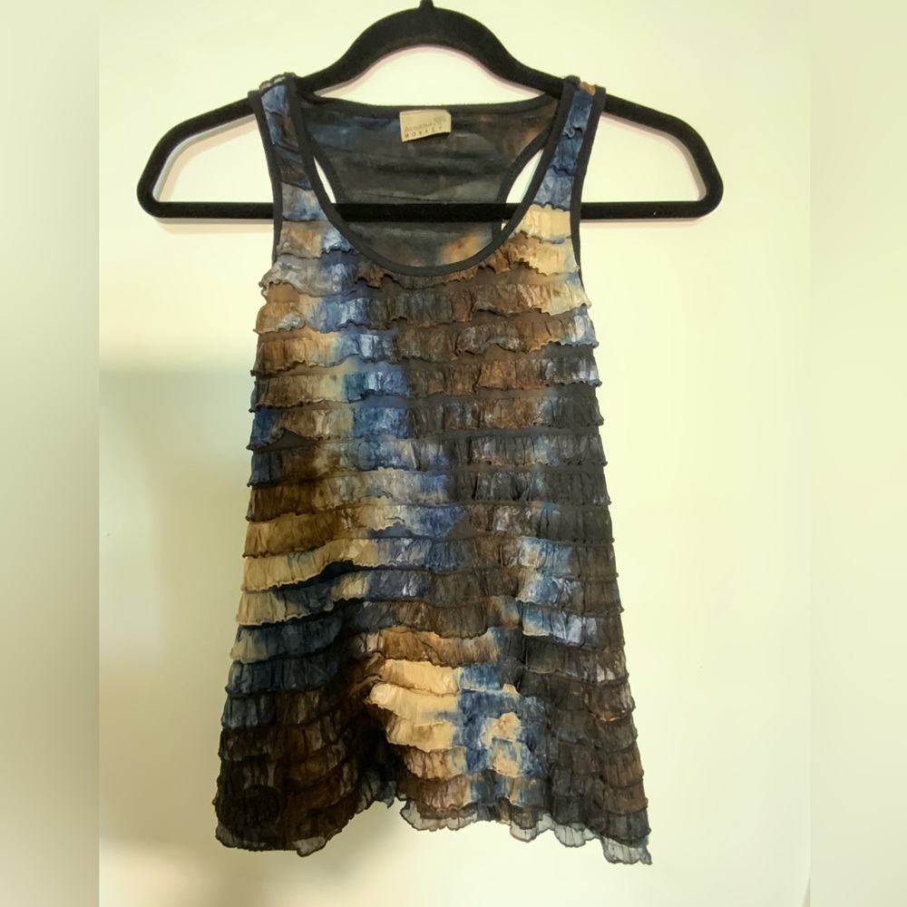 Banana Monkey Layered Frill Brown Blue Tan Sleeveless Blouse Size Small